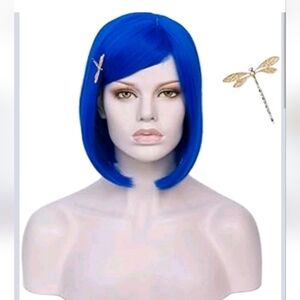 Morticia Synthetic Wig Blue Bob With Bangs And Dragonfly Pin Brand New